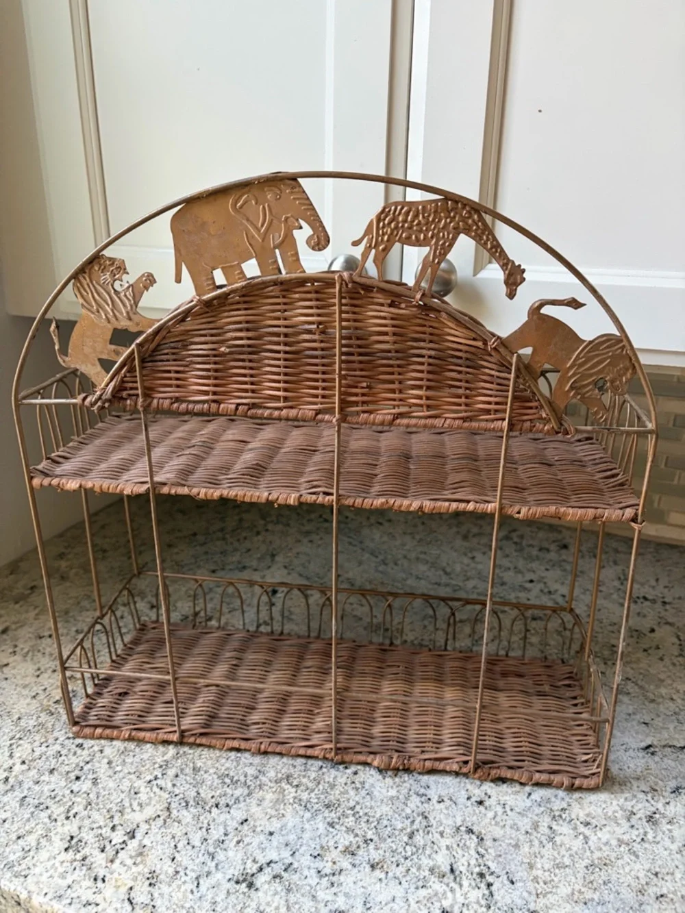 Vintage 2 tier Wicker Rattan and Metal Shelf Safari animal theme